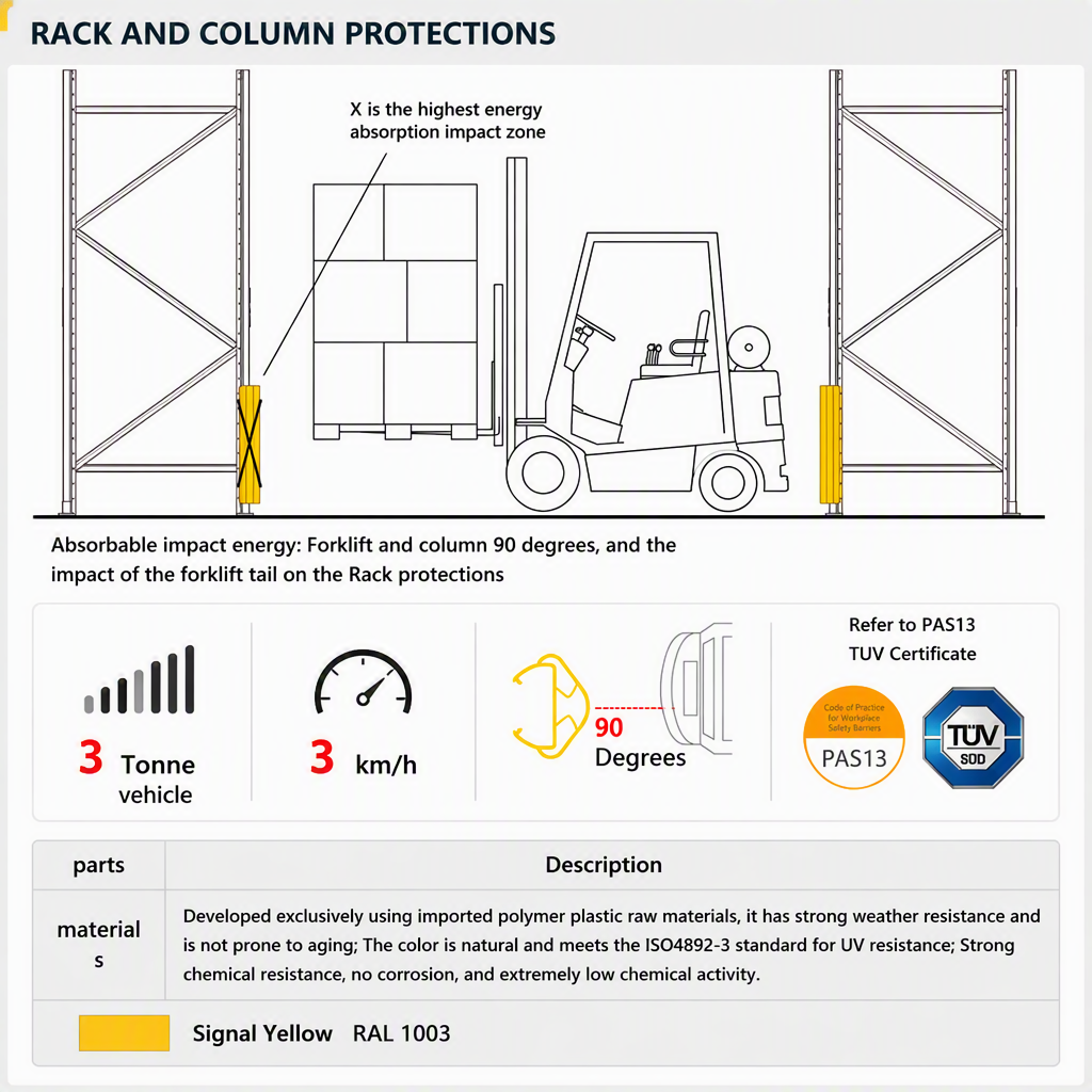 Rack Upright Protector Pallet Rack Polymer Anti-Collision Guardrail Corrosion Resistant TUV Certified 3 Tonne Load Capacity