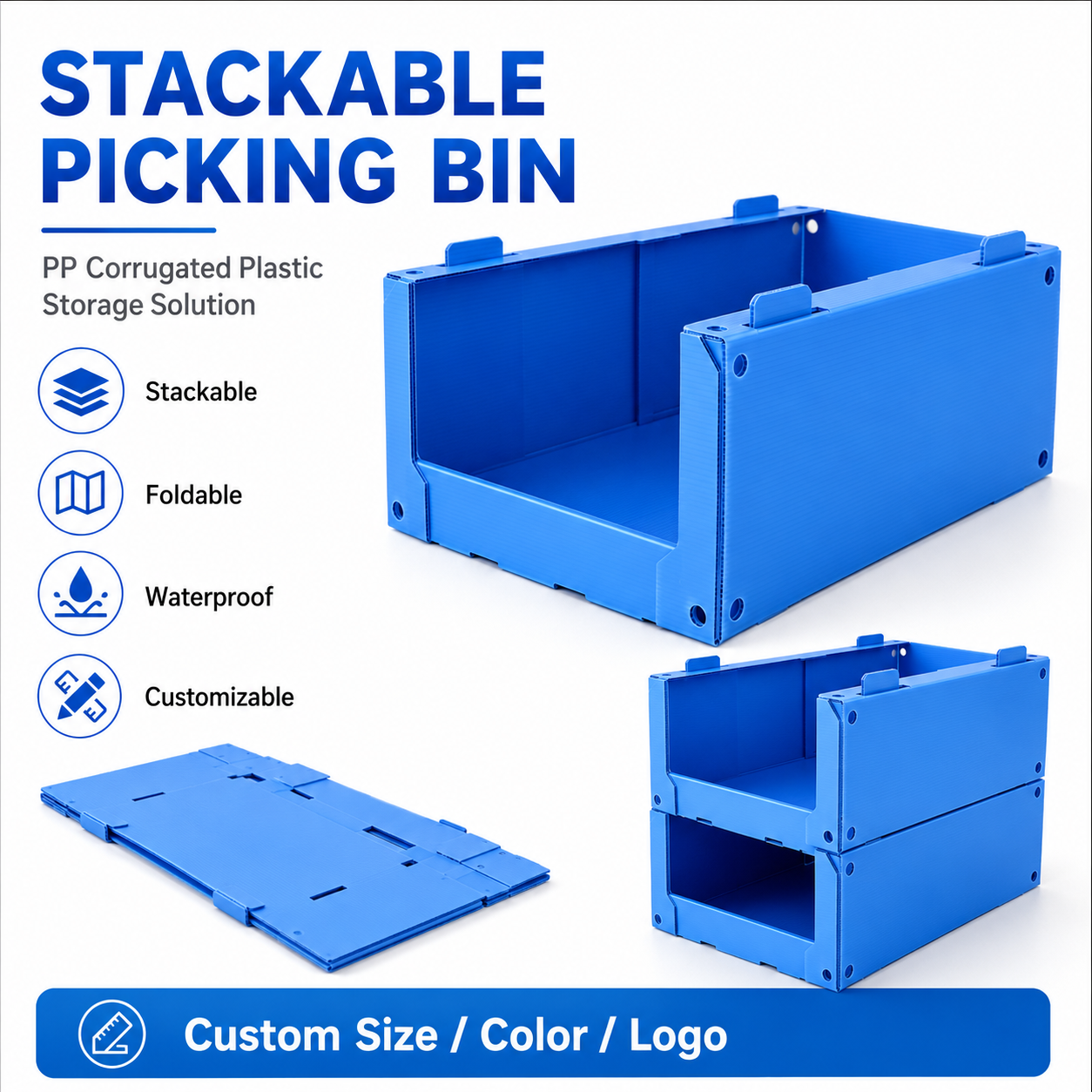 800x600mm Corflute Industrial Grade Stackable Picking Bin Warehouse Shelf Storage Box for Bulk Items