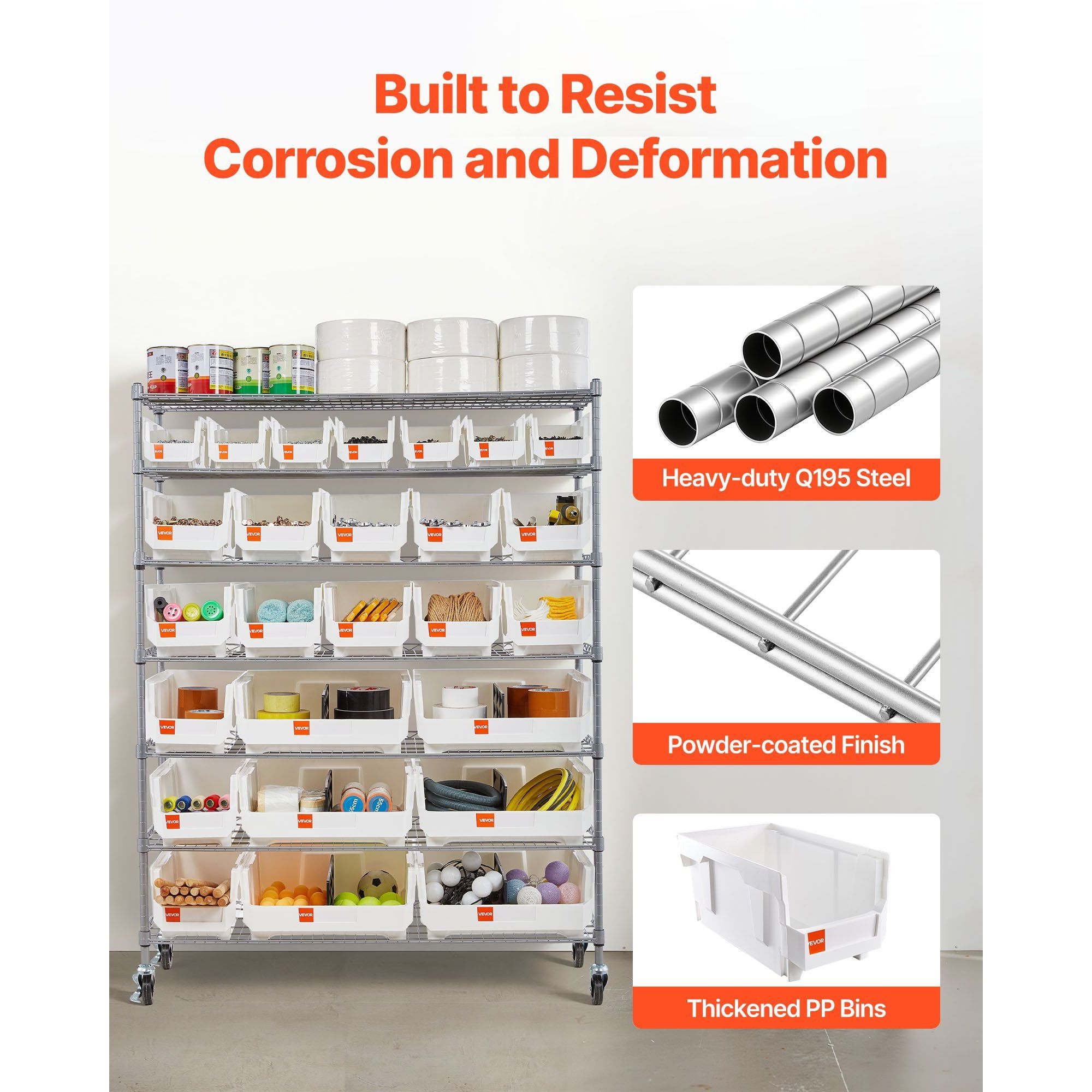 26 Organizer 7-Tier Rolling Bin Storage Rack Steel Wire Shelving System Wheels Mobile Tool Organizer for Garage Classroom
