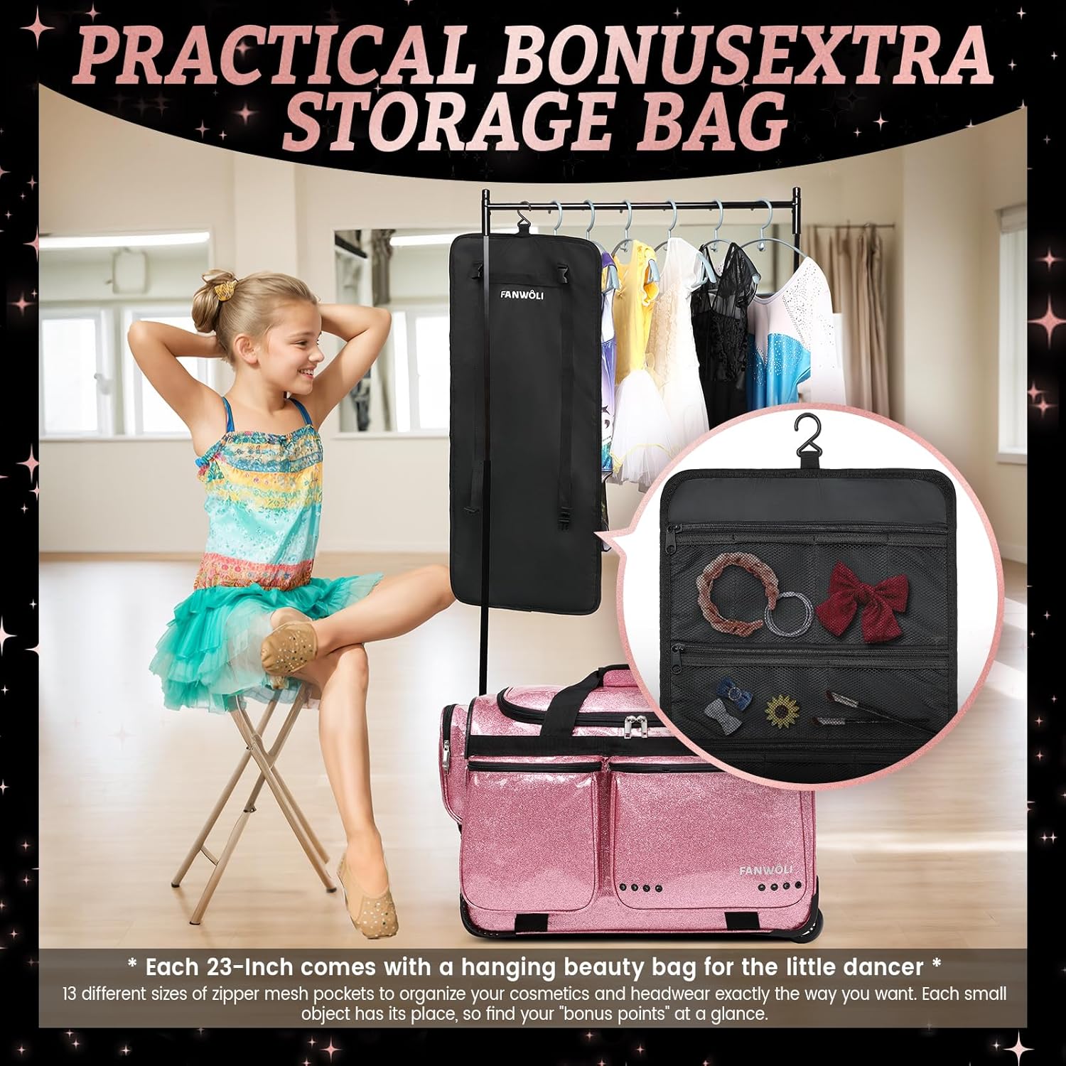 Free sample Top-rated Wheeled Collapsible Rolling Garment Rack for Dance Costumes, Duffel Bags, and Rolling Dance Bags with Rack