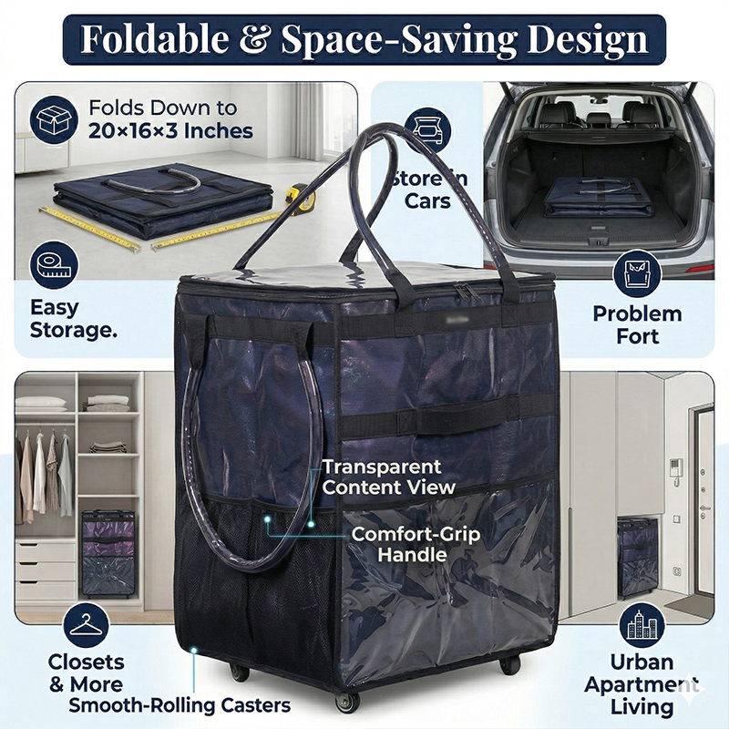 Heavy-Duty Foldable Rolling Fabric Storage Organizer Vertical Storage Bag Transparent Window Wheels 60L Capacity Eco-Friendly