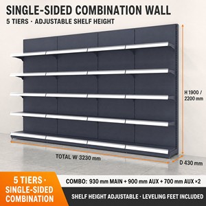 Single Sided Combination Wall Shelving 5 Tier Steel Display Rack with Adjustable Shelves for Supermarket Retail Store