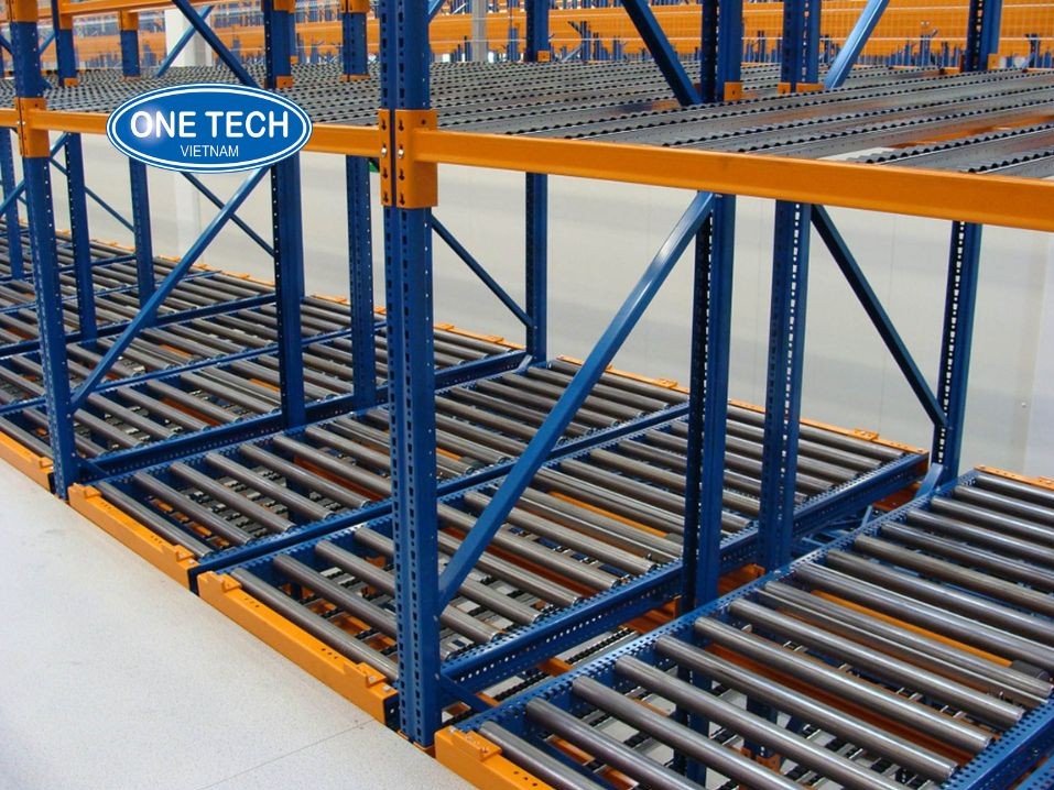 One Tech High Efficiency FIFO Gravity Flow Racking Heavy Duty Steel Frame Self Sliding Roller Track System ISO Certified
