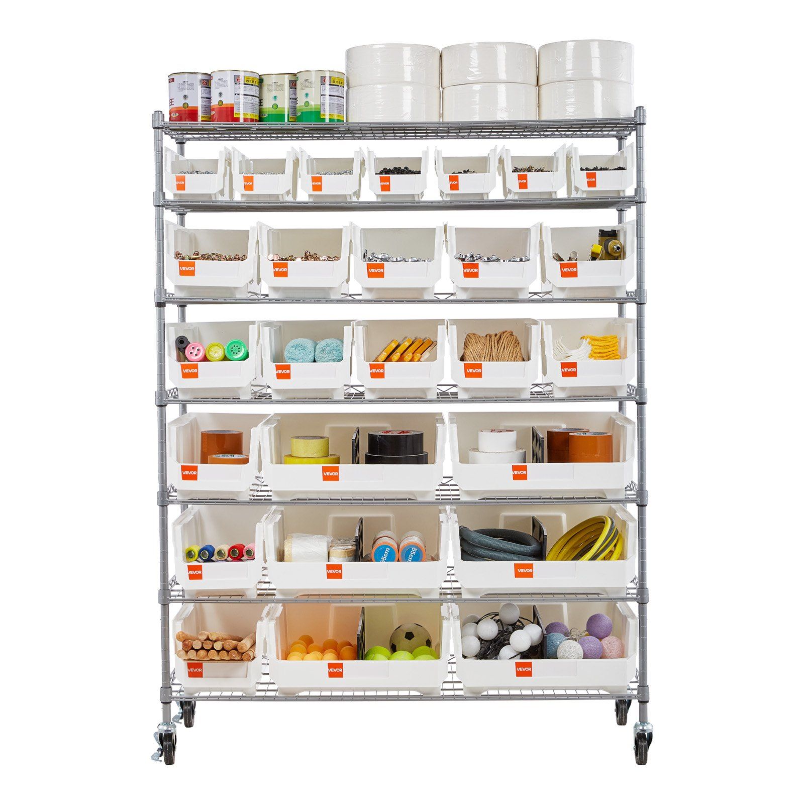 26 Organizer 7-Tier Rolling Bin Storage Rack Steel Wire Shelving System Wheels Mobile Tool Organizer for Garage Classroom