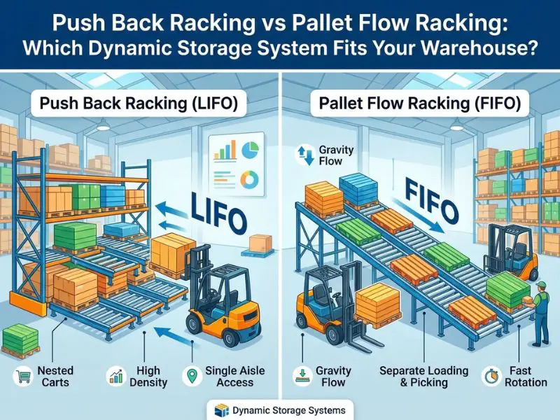 Push back racking compared with pallet flow racking