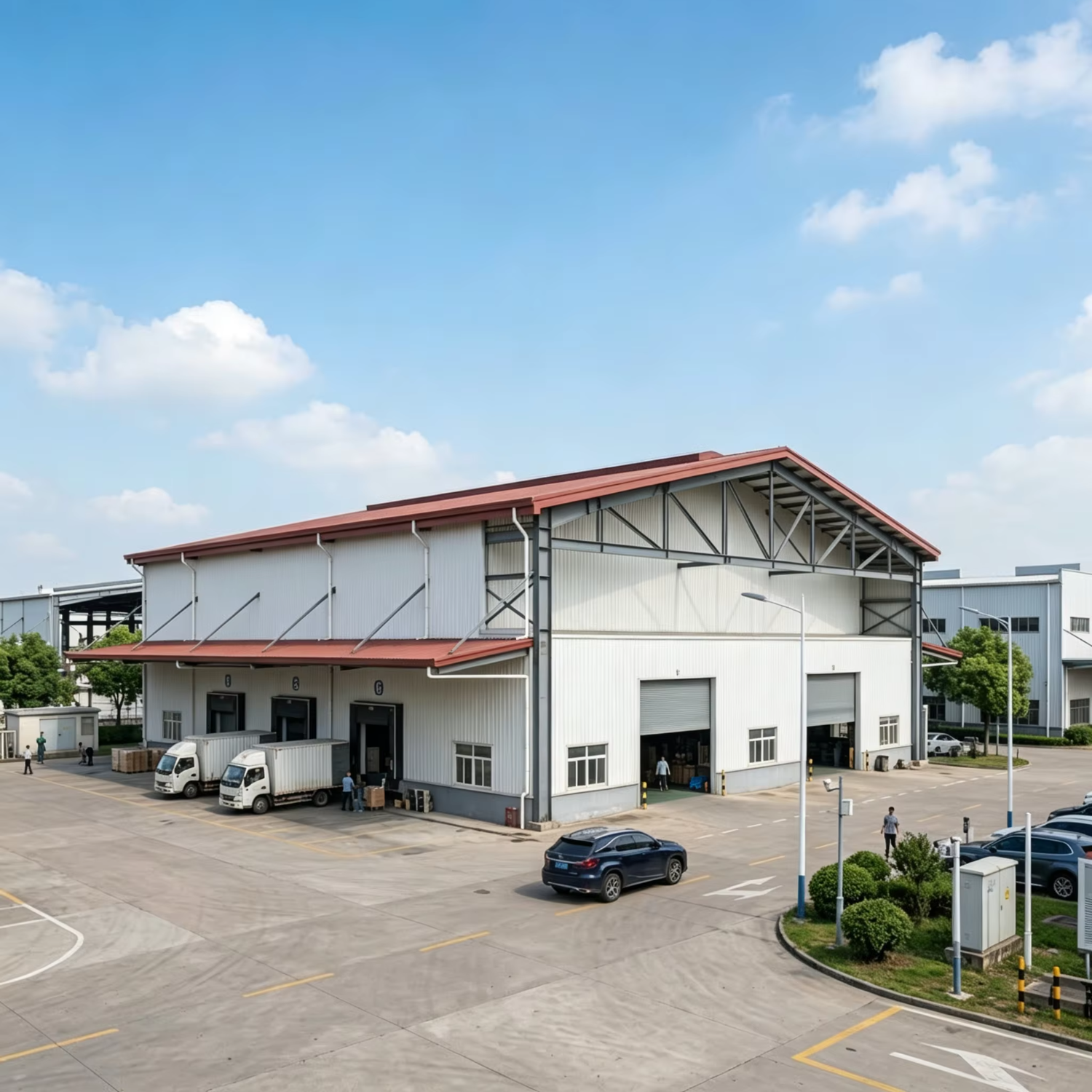 High Bay Galvanized Steel Structure Workshop Warehouse Interior Multi Tier Pallet Racking Central Aisle Prefab 3PL Fulfillment