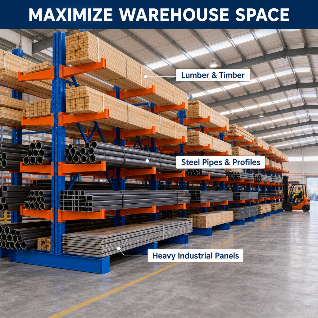Large Loading Capacity Adjustable Double Arm Custom Cantilever Rack for Industrial Storage Long Timber Steel Profile Metal Rods