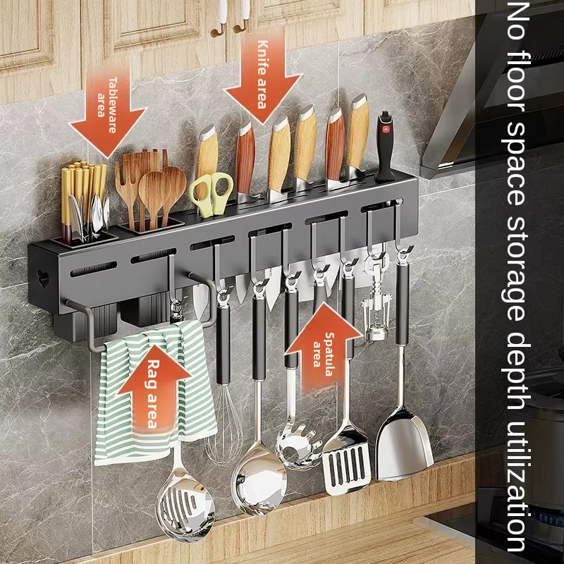 Wall Mounted Knife Holder Tool Storage Racks Shelving Units Tableware Shelf Kitchen Utensils Holder Rack with Towel Hanger