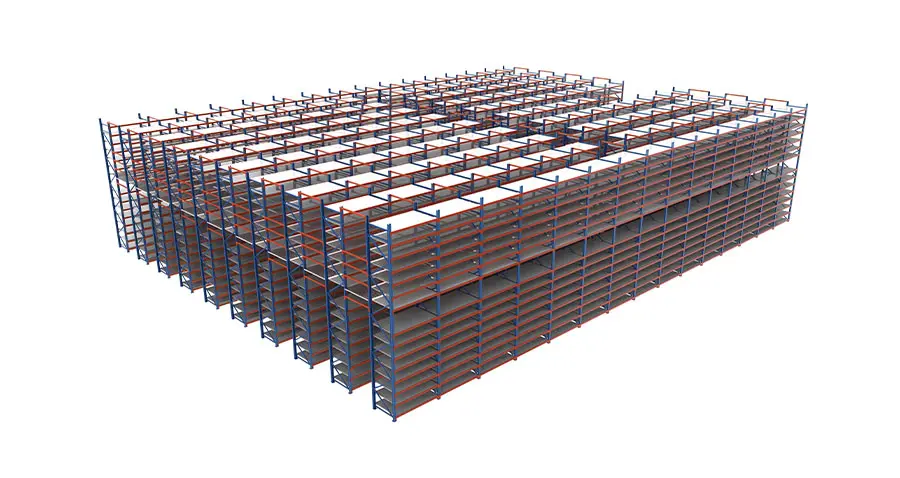 3D spatial rendering of warehouse mezzanine and racking