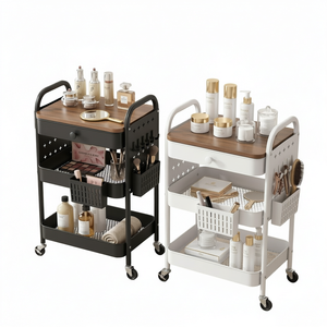 Metal Rolling Storage Cart 3 Tier Utility Rack with Drawer Side Mesh Shelves for Kitchen Bathroom Vanity