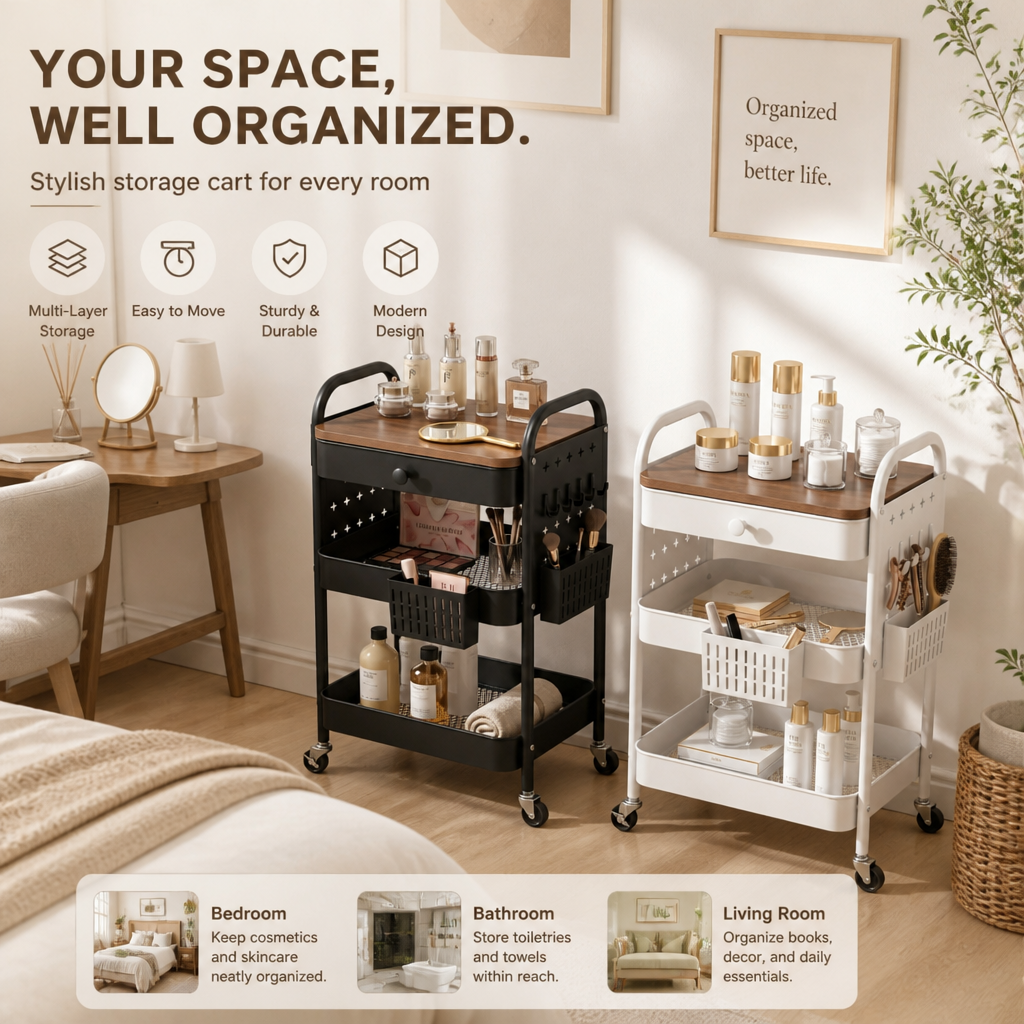 Metal Rolling Storage Cart 3 Tier Utility Rack with Drawer Side Mesh Shelves for Kitchen Bathroom Vanity