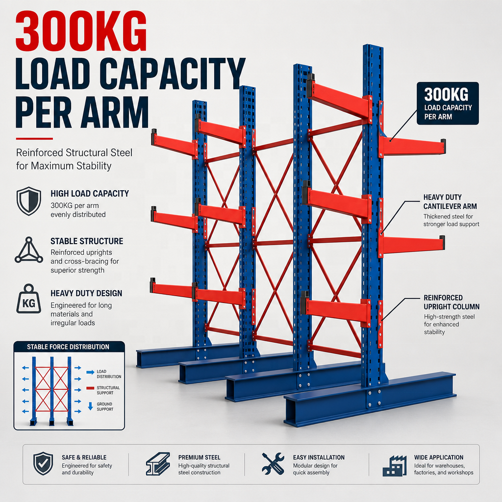 Large Loading Capacity Adjustable Double Arm Custom Cantilever Rack for Industrial Storage Long Timber Steel Profile Metal Rods
