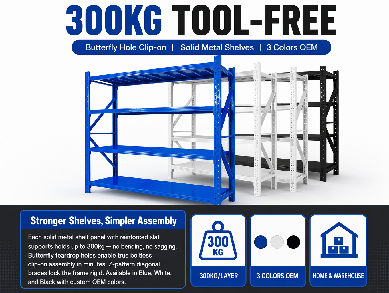 Heavy-Duty Boltless Steel Shelving Unit, 4-Tier Adjustable Warehouse Rack With Teardrop Slots Garage Industrial Storage Shelf