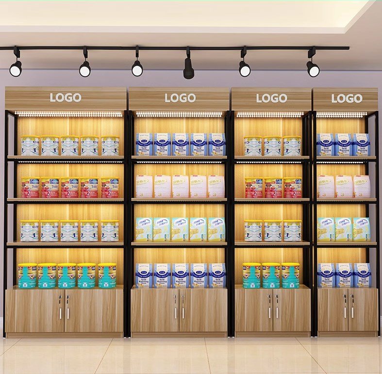 Customized Wooden Gondola Supermarket Shelf Single Sided Display Rack Pharmacy Convenience Store Display Rack