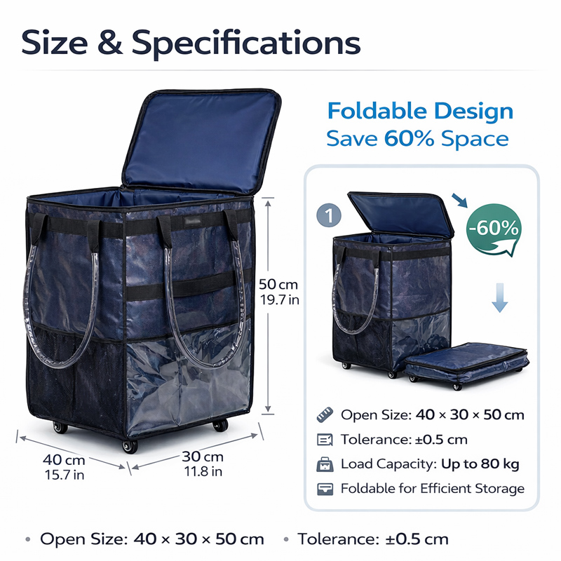 Heavy-Duty Foldable Rolling Fabric Storage Organizer Vertical Storage Bag Transparent Window Wheels 60L Capacity Eco-Friendly