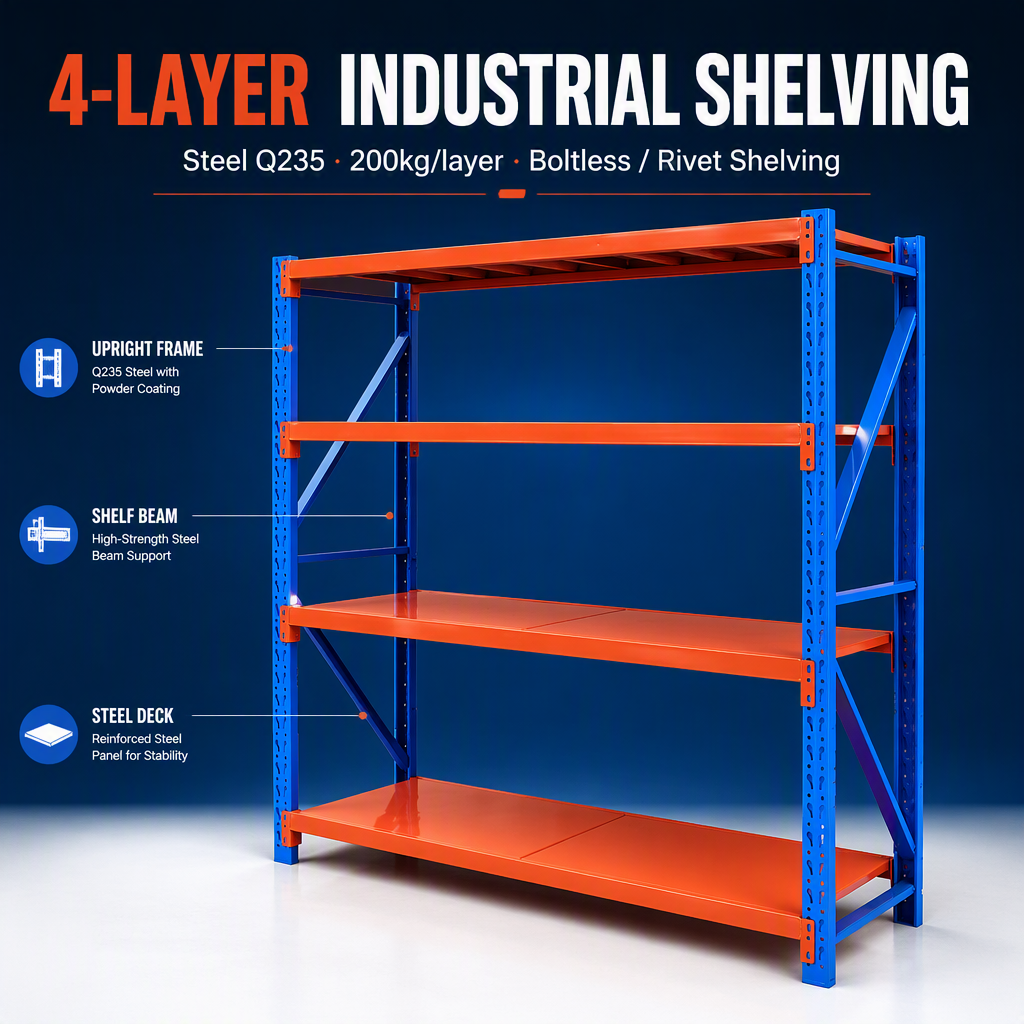 HUAWU Steel Boltless Shelving Rack 2000x600x2000mm 4-Layer 200kg Per Layer Medium Duty Industrial Storage System