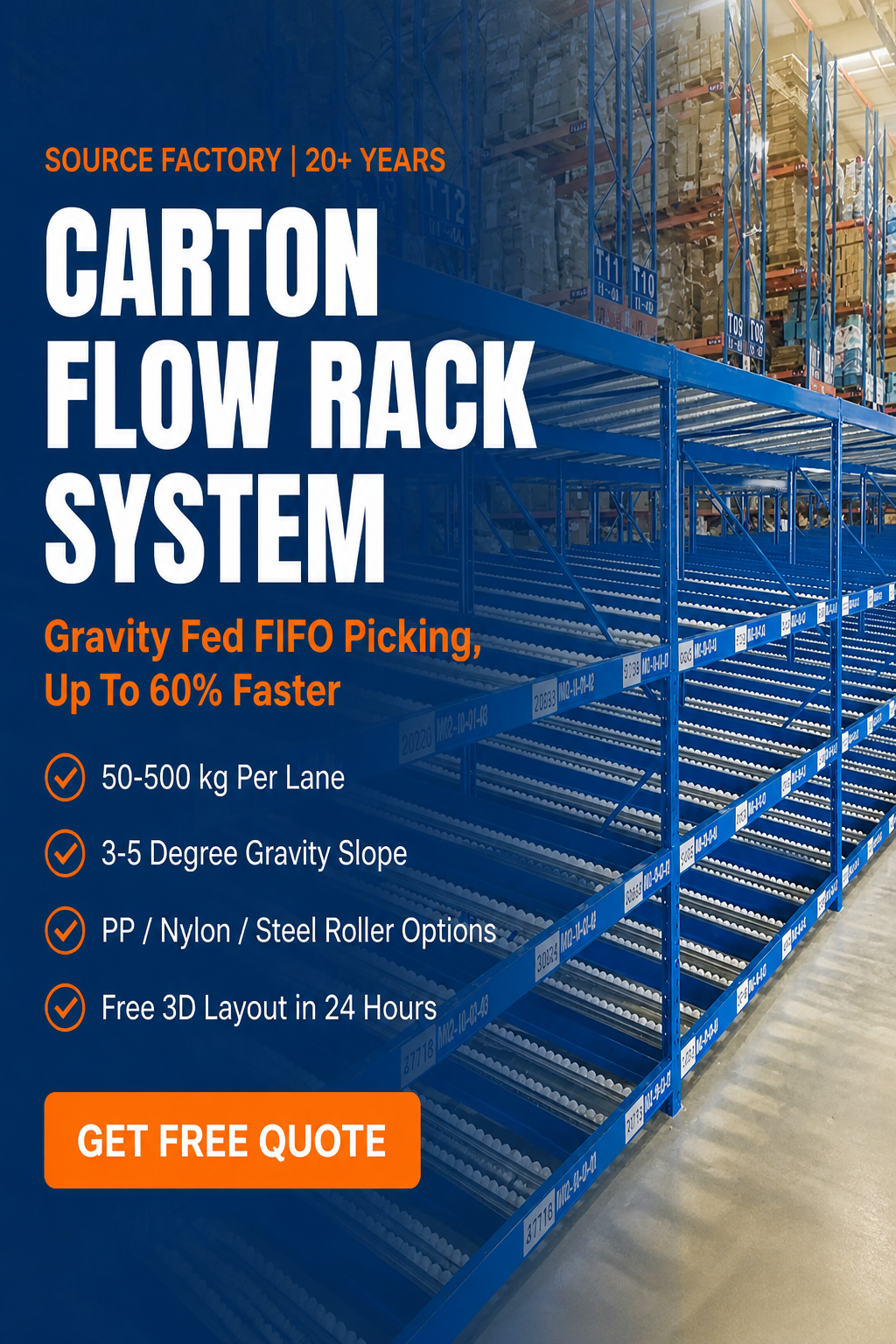 Customized OEM ODM Steel Heavy Duty Durable Gravity Flow Roller Rack Storage System for Warehouse