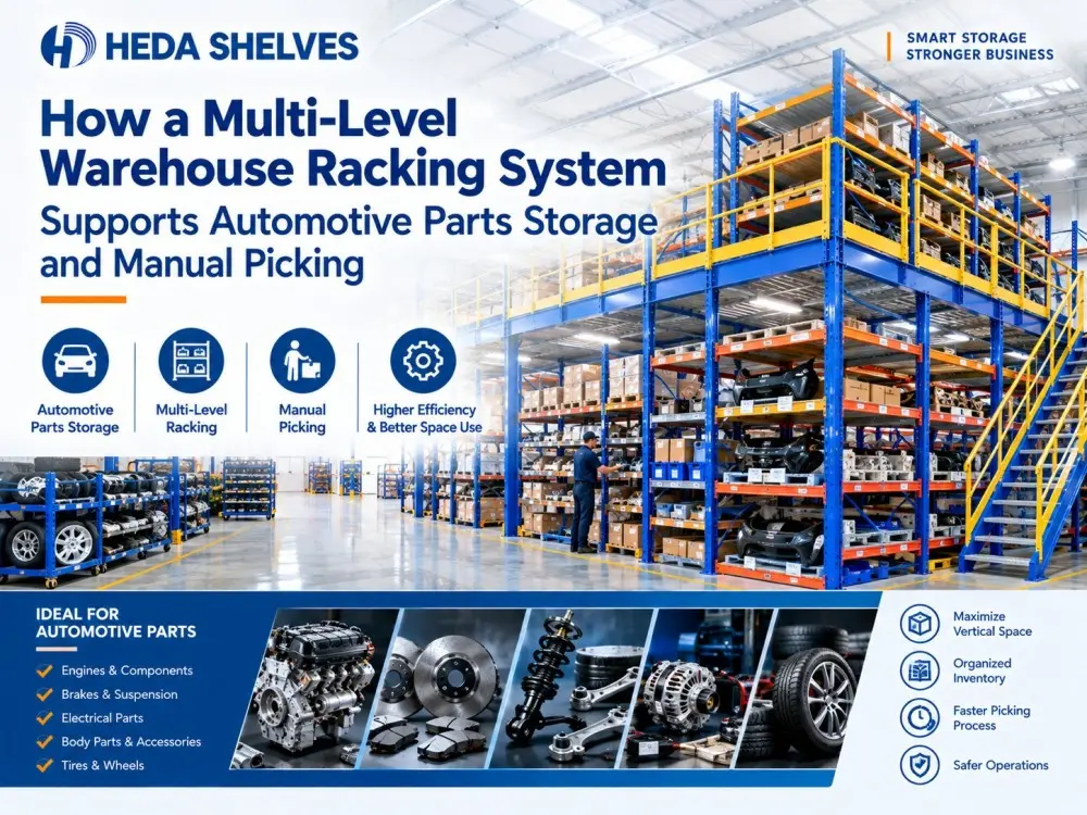 Multi level warehouse racking for automotive spare parts storage