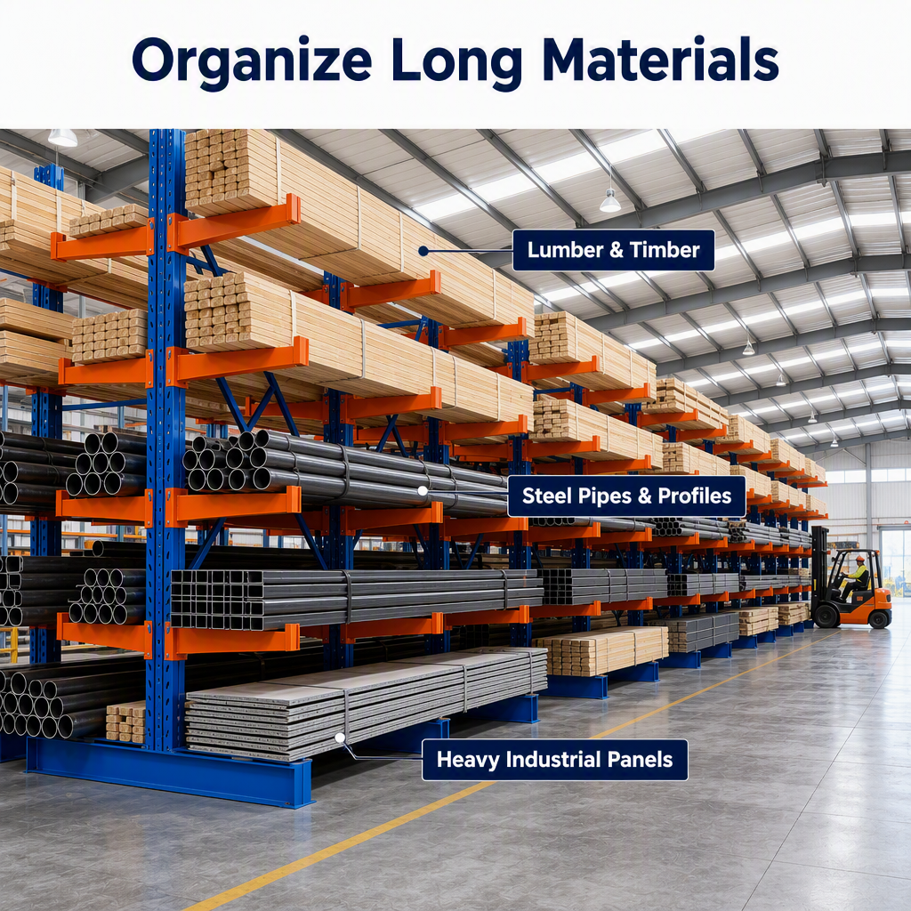 Large Loading Capacity Adjustable Double Arm Custom Cantilever Rack for Industrial Storage Long Timber Steel Profile Metal Rods