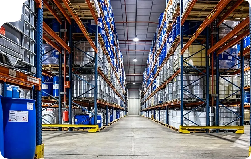 Chemical drum storage racking in industrial warehouse