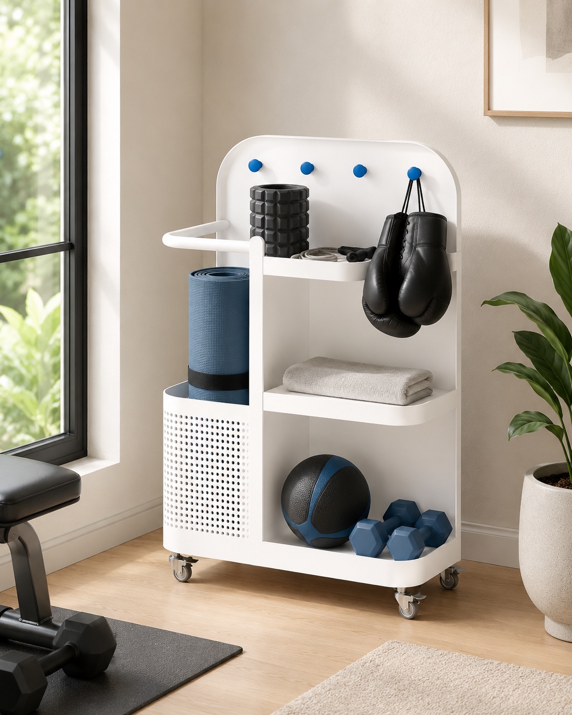 Coovens Rolling Home Gym Storage Rack Fitness Equipment Organizer for Yoga Mats Dumbbells Foam Rollers and Rackets Dumbbell Rack