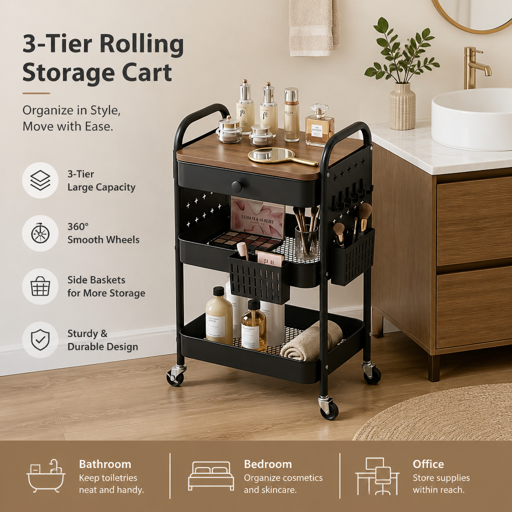 Metal Rolling Storage Cart 3 Tier Utility Rack with Drawer Side Mesh Shelves for Kitchen Bathroom Vanity