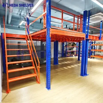 Structural steel mezzanine platform in warehouse