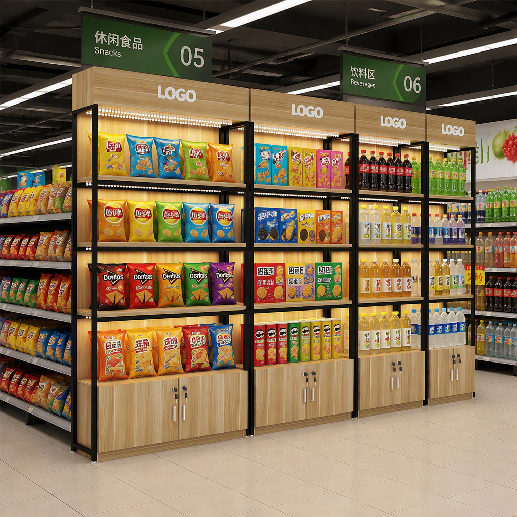 Customized Wooden Gondola Supermarket Shelf Single Sided Display Rack Pharmacy Convenience Store Display Rack