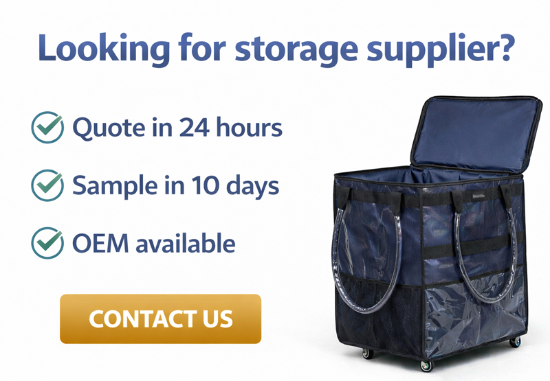 Heavy-Duty Foldable Rolling Fabric Storage Organizer Vertical Storage Bag Transparent Window Wheels 60L Capacity Eco-Friendly