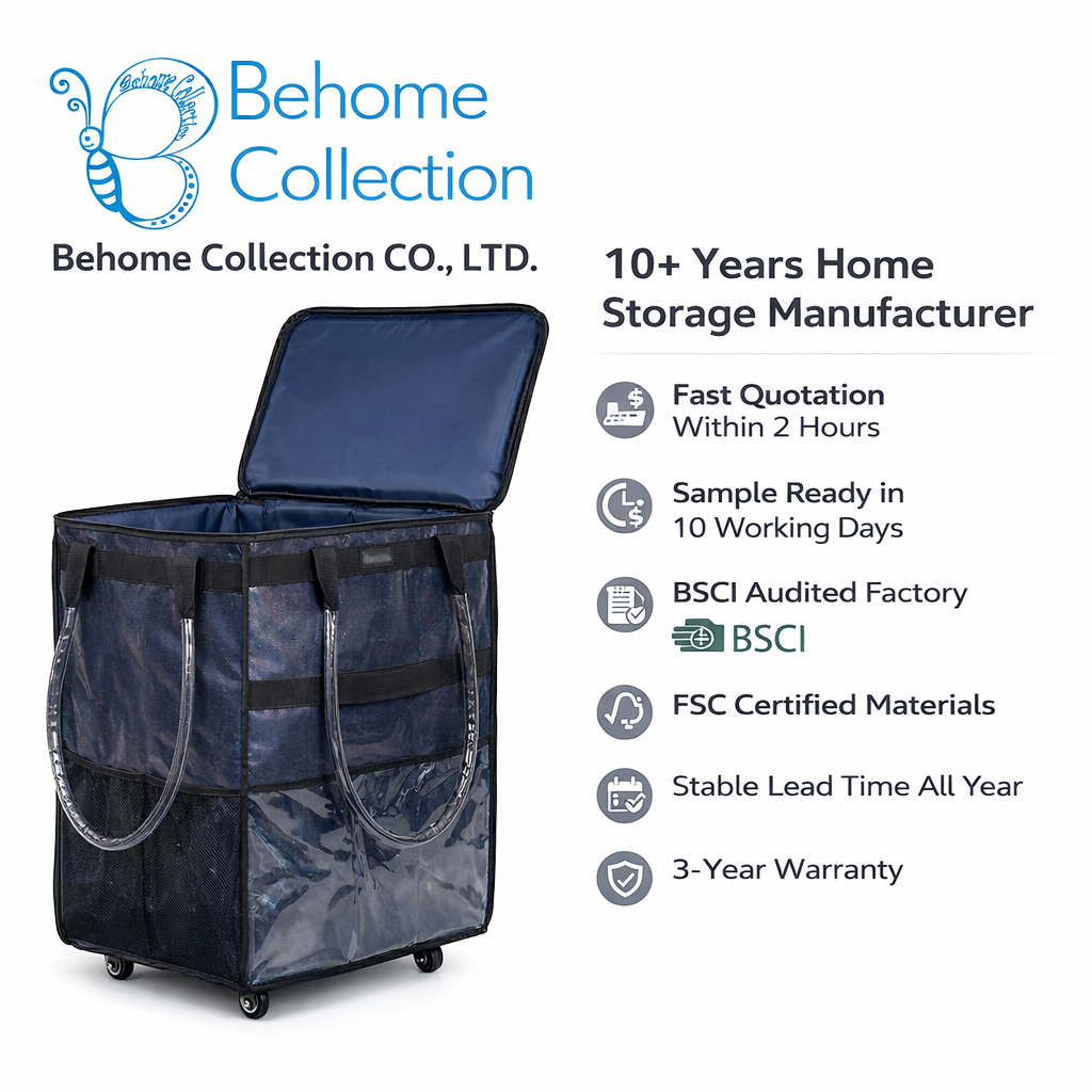 Heavy-Duty Foldable Rolling Fabric Storage Organizer Vertical Storage Bag Transparent Window Wheels 60L Capacity Eco-Friendly