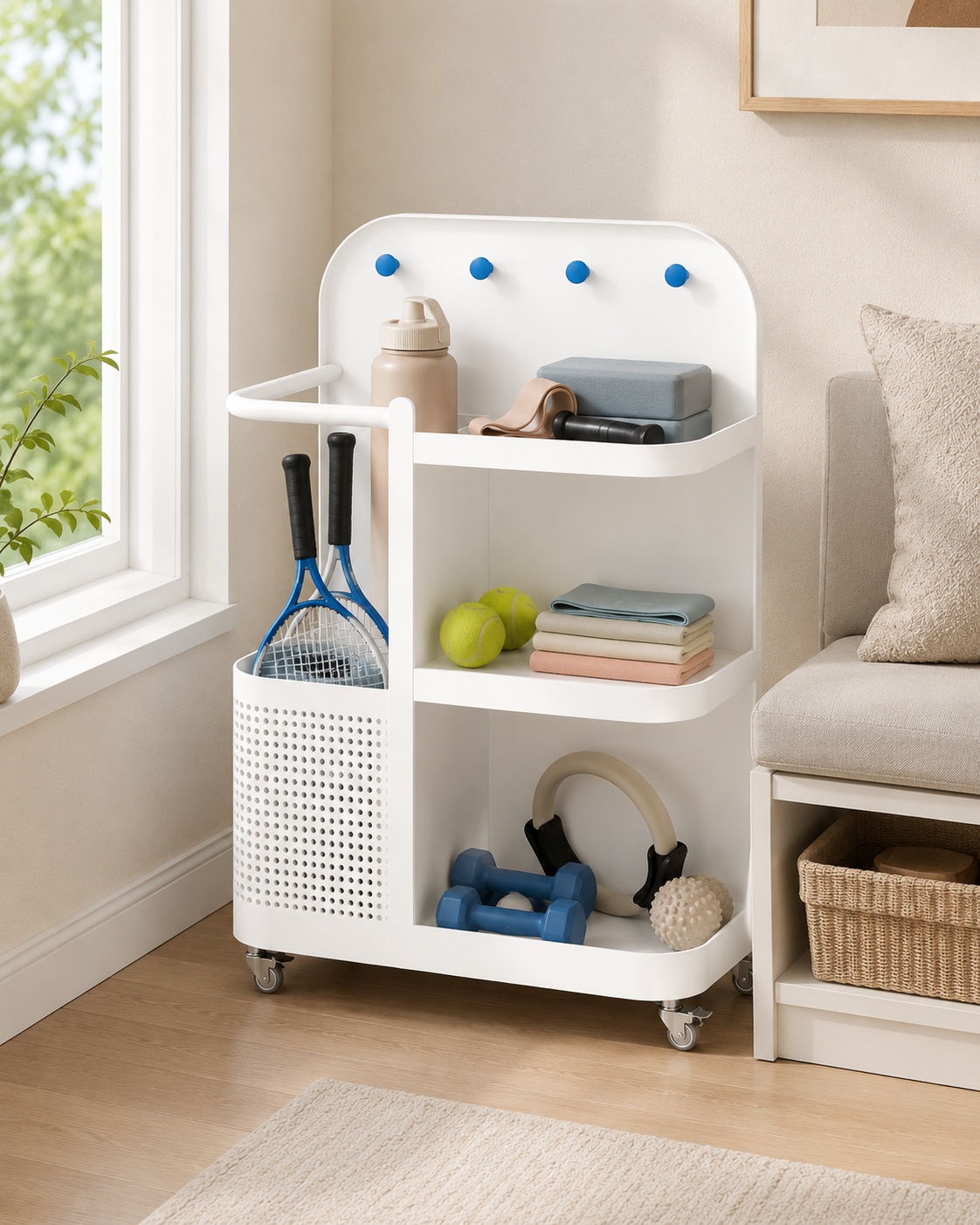 Coovens Rolling Home Gym Storage Rack Fitness Equipment Organizer for Yoga Mats Dumbbells Foam Rollers and Rackets Dumbbell Rack