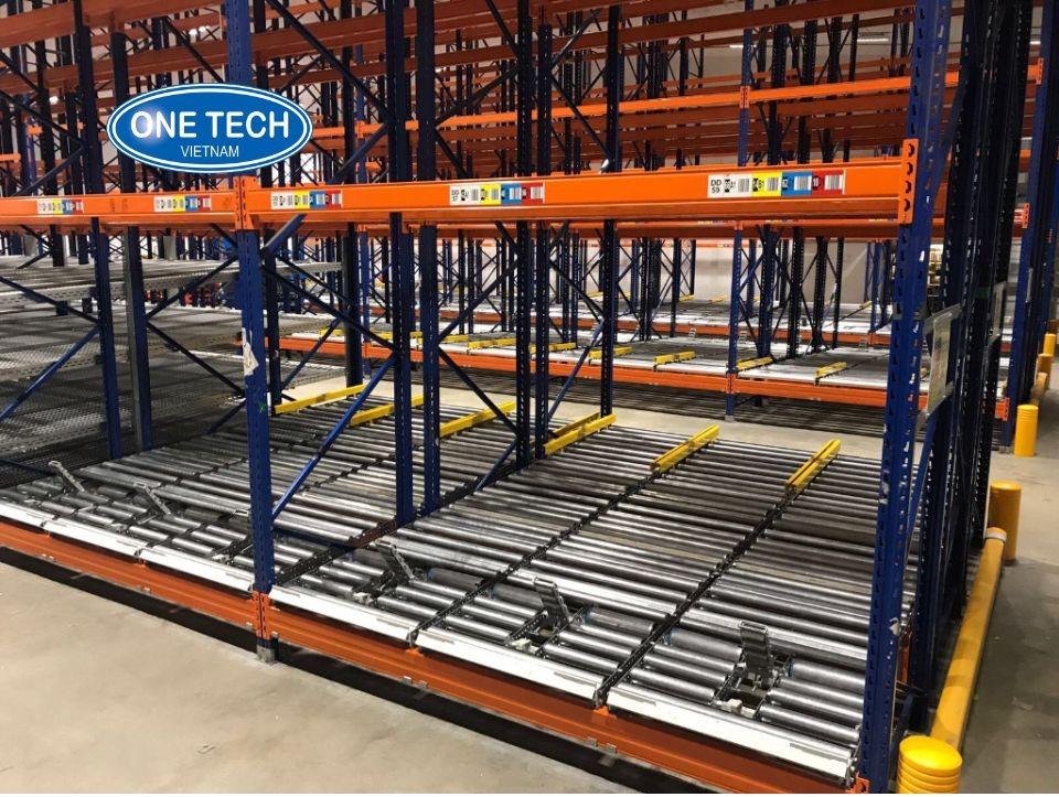 One Tech High Efficiency FIFO Gravity Flow Racking Heavy Duty Steel Frame Self Sliding Roller Track System ISO Certified