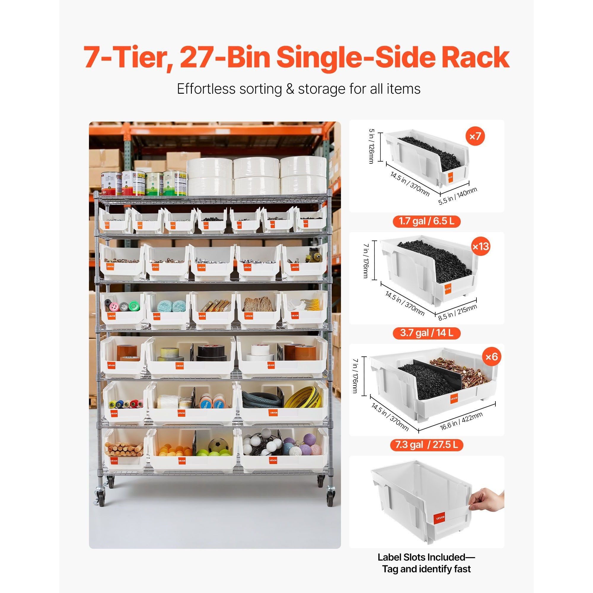 26 Organizer 7-Tier Rolling Bin Storage Rack Steel Wire Shelving System Wheels Mobile Tool Organizer for Garage Classroom